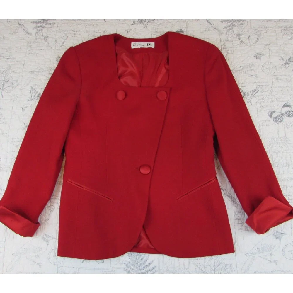 Vtg Christian Dior Women's Red Skirt Suit Skirt and Collarless Blazer Suit Sz 4 - Picture 7 of 10